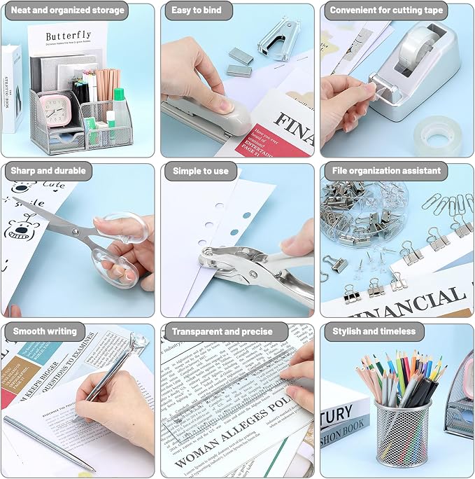 13-in-1 Office Desk Organizer Set for Back to School Supplies Accessories | Organizer Set with Stapler and Tape Dispenser, Pen Holder, Scissors, Ruler, Hole Punch, 2 Pens & More Desk Supplies - Image 5
