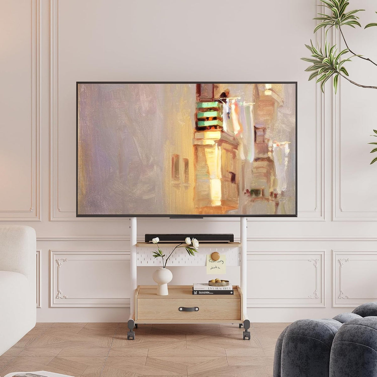 FITUEYES Rolling TV Stand on Wheels Lockable for 40-85 Inch TVs, White - Image 2