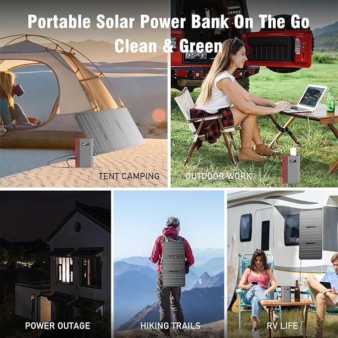 Portable Solar Power Bank with AC Outlet 65W 110V External Battery Pack | 24000mAh Portable Laptop Charger with Foldable Solar Panel 30W for Outdoor Smart Devices Camping Hiking Trip Off Grid Backup - Image 8