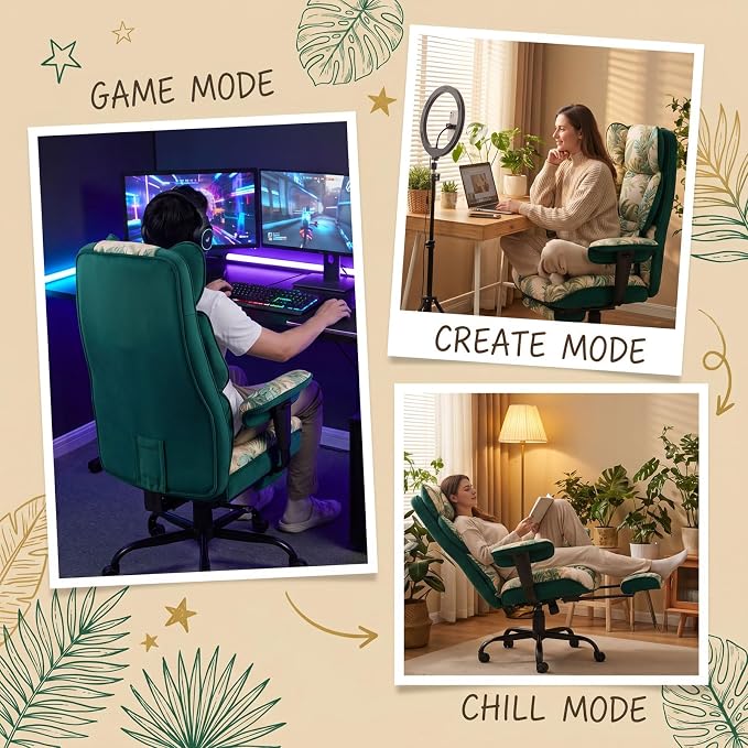 Efomao Watercolor Fabric Executive Office Chair Home Foot Rest, Green | Soft Breathable Computer Desk Seat, Plush Comfy Cushion, Aesthetic Pastel Floral Patterns for Studio Vanity Cozy Setup - Image 7