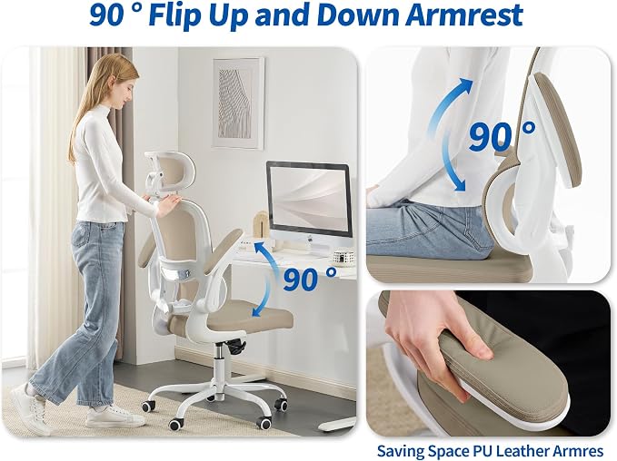 TRALT Ergonomic Office Chair Desk Chair with Adjustable Lumbar Support | Home Office Desk Chairs with Flip-up Armrests & 3D Headrest - Mesh Gaming Chairs for Adults, 330lbs, PU Leather (Khaki, 1) - Image 5