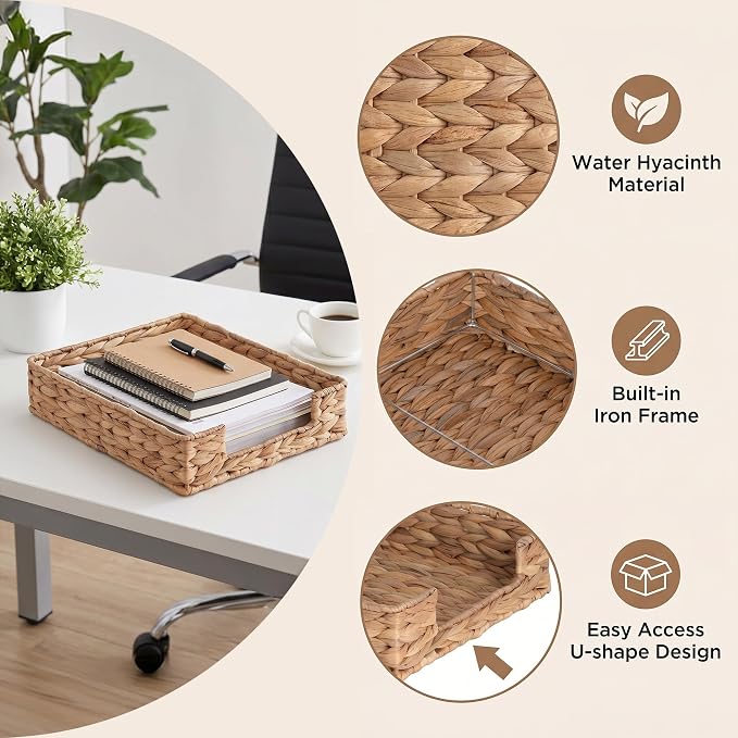 Letter Tray Water Hyacinth, Wicker Desk Organizer for Office Supplies Mail | Desk Tray Organizer for A4 Paper, Magazine, Jewelry Cosmetics, Paper Holder Storage Basket for Office, School, and Workspace - Image 3