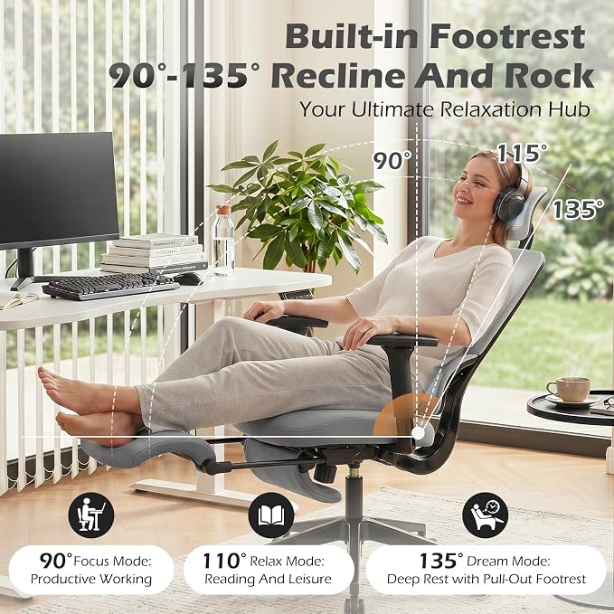 Ergonomic Office Chair with Footrest and Dynamic Lumbar Support, Grey | Reclining high-back computer chair, memory foam seat, 4D armrests, 2D headrest, mesh desk chair for home office, long hours - Image 5