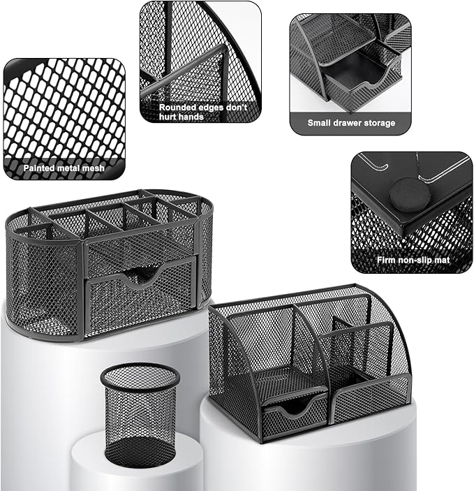 17 IN 1 Office Desk Organizer Set for Back to School Supplies Accessories | 3 Office Desk Storage Organization, 4 Pens, Stapler, Staples & Remover, Tape & Dispenser, Scissors, Ruler, Clips, Hole Punch - Image 3