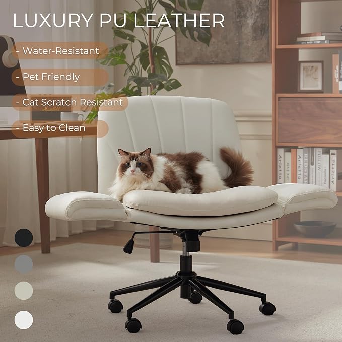 Dowinx Criss Cross Chair with Five-Level Adjustable Arms and Wheels - Comfortable Ergonomic PU Leather Swivel Vanity Chair - Computer Makeup Chair for Home Office, Bedroom, Vanity Room -Milk White - Image 4