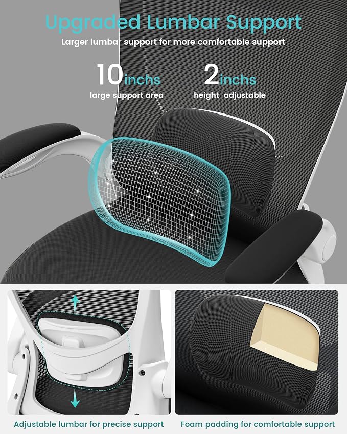 Office Chair, Ergonomic Desk Chair with Adjustable Lumbar Support and Flip up Armrest, Breathable Mesh Computer Chair for Home Office, White - Image 5