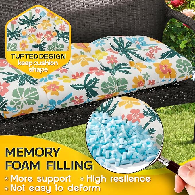 MAGIC ELEPHANT Outdoor Bench Cushion, Memory Foam Loveseat Cushion for Patio Furniture Wicker Chair, Settee Porch Swing Seat Cushion, 44 x 19 Inches (Hawaiian Palm Floral) - Image 3