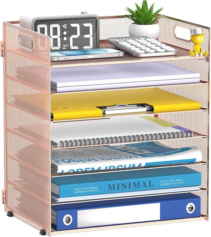 7 Tier Paper Organizer for Desk with Letter Trays and Handle Rose Gold | Desk File Organizer with Handle for Sorting Papers, Files, Folders, Mail, Bills and Office Supplies by Unknown