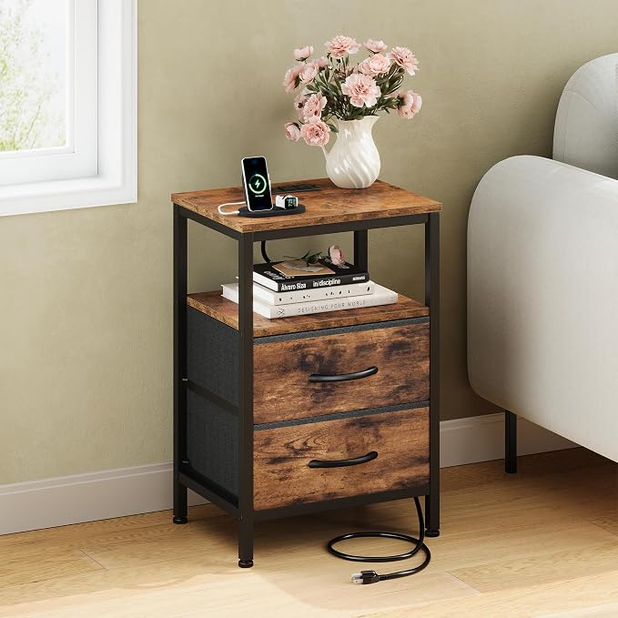 OLIXIS Nightstand with Charging Station, Beside Table with Fabric Drawers | 3-Tier End Table Set of 2 with Storage Shelf, Night Stand with USB Ports and Outlets for Bedroom, Rustic Brown - Image 7