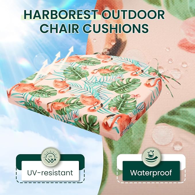 HARBOREST Outdoor Chair Cushions Set of 6, Water Resistant Patio Chair Cushions with Ties, Outdoor Seat Cushions for Patio Furniture, 17"x16"x2", Flamingo - Image 2
