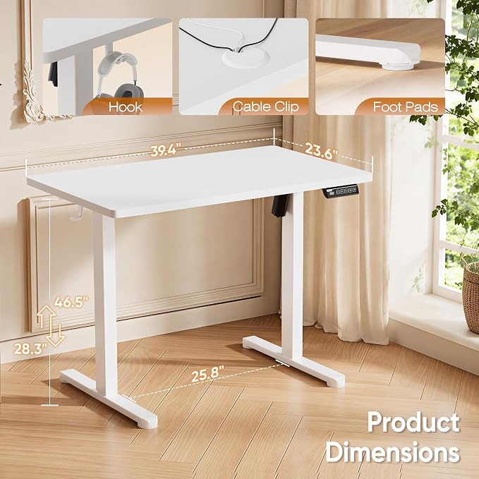 Monomi 39.4" Electric Standing Desk, Height Adjustable sit Stand up,White | Small Ergonomic Home Office Computer Desk Workstation with 3 Memory Setting and headphone hooks,Space Saving,Easy Install - Image 3