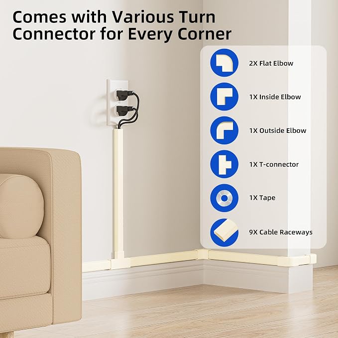 Delamu 142in Cord Hider, Beige Cable Cover for 2-3 Wires on Wall, Premium Wire Hiders Wire Covers for Cords on Wall, Easier Setup TV Cable Management Kit, W0.94 H0.47in, Beige - Image 3