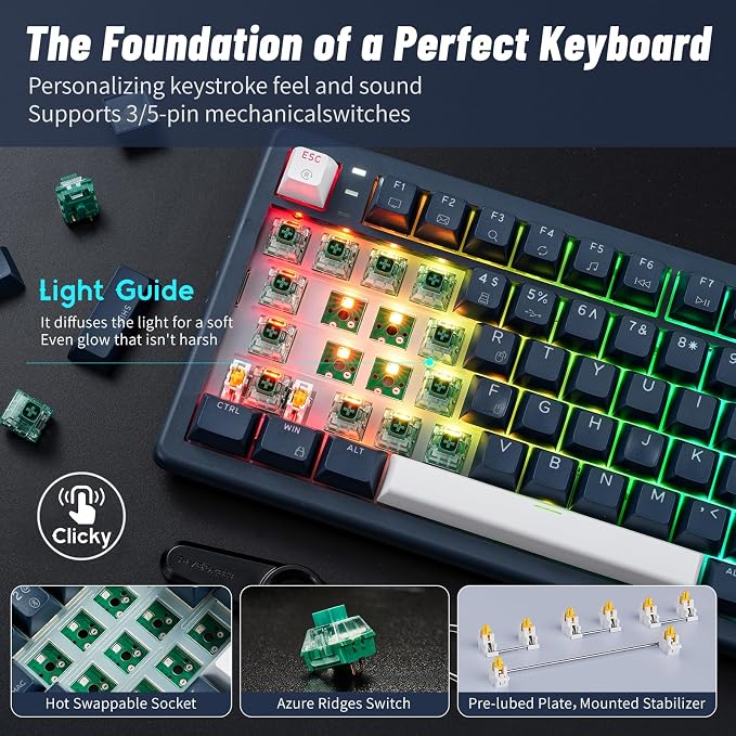 Hexgears Wireless Mechanical Keyboard with Number Pad,Wrist Rest,Gasket Structure,Tri-Mode BT5.0/USB-C/2.4GHz Hot Swappable Keyboard,Creamy Sound,RGB Backlit,Computer Gaming Keyboards(Clicky Switch) - Image 4