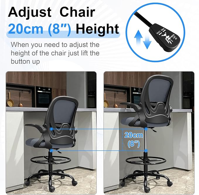 Drafting Chair Tall Office Chair with Flip-up Armrests Executive Ergonomic Computer Standing Desk Chair with Lumbar Support and Adjustable Footrest Ring（Dark Gray） - Image 7