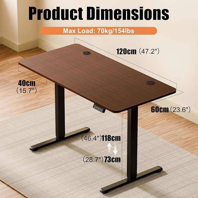 47"x24" Standing Desk, Height Adjustable Sit-Stand Home Office, Walnut | Electric Adjustable Standing Desk, Sit to Stand Computer Office Desk with Splice Board, Memory Preset, Lifts 28.7''-46.5" - Image 3