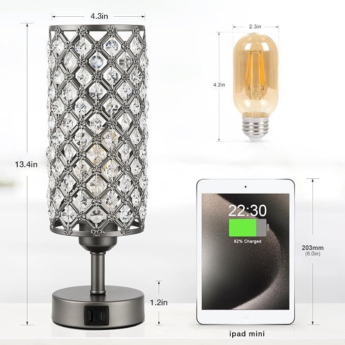 Crystal Table Lamp, 3 Way Dimmable Touch Lamps for Night Stands, Gray | Gray Crystal Bedside Lamp, Nightstand Lamp for Bedroom - Image 3