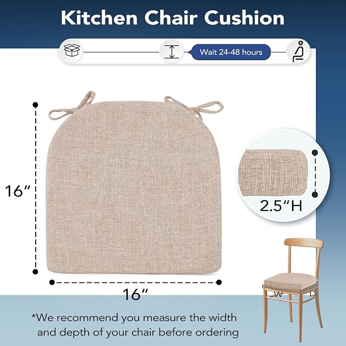 Chair Cushions for Dining Chairs, Non Slip Chair Pads with Ties and Washable Covers, Memory Foam Kitchen Chair Cushions Set of 6, 16"X16"X2.5", Oatmeal Beige - Image 2