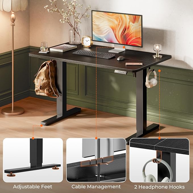Huuger 48 x 28 Large Electric Standing Desk, Height Adjustable Desk, 27.6" Deep Desktop, Stand up Gaming, 2 Hooks, 3 Preset Heights, for Home Office, Black - Image 7