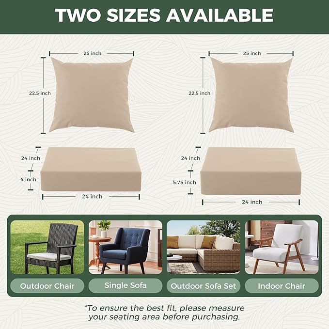 Outdoor Cushions for Patio Furniture, Outdoor Seat Cushion Set 24 x 24 x 4 Inch, Waterproof & Fade Resistant Outdoor Chair Cushions, Deep Seat Patio Cushion with Removable Cover, Beige - Image 5