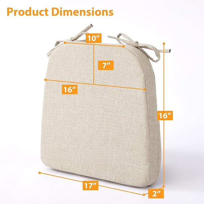 Ruqmuis Chair Cushions for Dining Chairs, 2" Thick Seat Cushions for Kitchen Chairs, D-Shaped Chair Pads with Washable Cover, Ties and Non Slip Backing, 17'' x 16'', Set of 4, Beige - Image 3