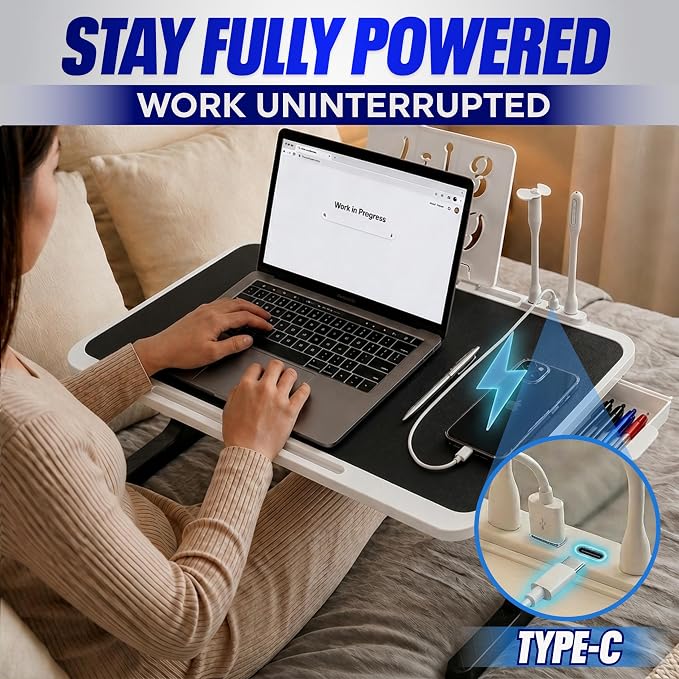 USB-C LED Light Foldable Lap Desk with LED Lamp, Cooling Fan & Book Stand — Portable Bed Laptop Table with Side Drawer, Phone & Tablet Holder, Fast Charging Port - Image 3