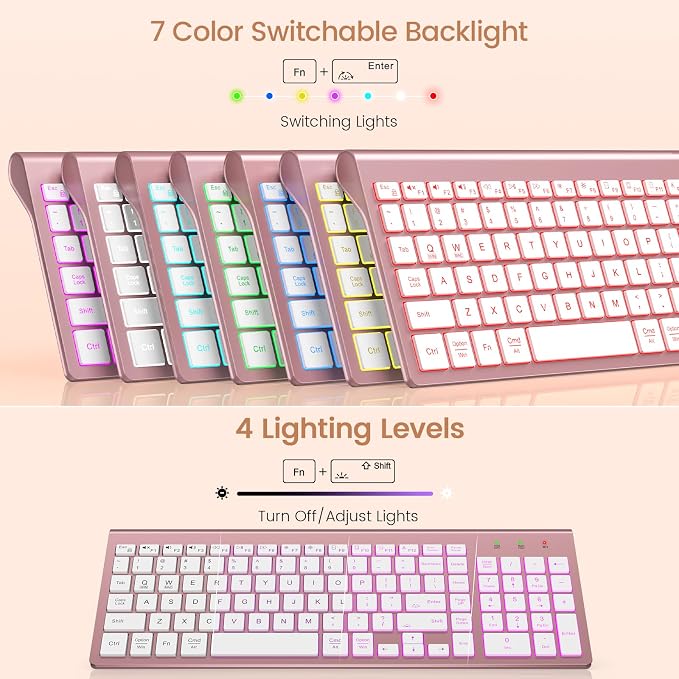 SABLUTE Wireless Keyboard with 7-Color Backlight, Quiet Low-Profile Keys | Rechargeable, Compact Cordless Design, Slim Quiet Scissor-Switch Keys, Auto Sleep, Windows, Linux, Chrome OS & Mac Compatible - Image 2