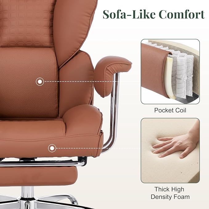 Big and Tall Office Chair 400 LBS, for Adults, Home Office | PU Leather, Executive Ergonomic Desk Chair with Footrest, Lumbar Support, Wide Seat ,Reclining, Brown - Image 5