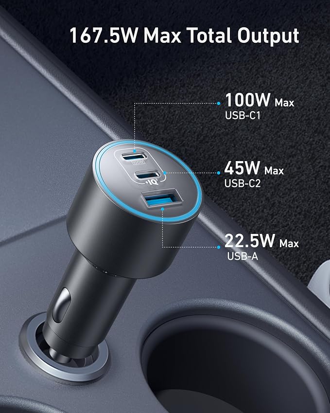 Anker 167.5W Max 3-Port Ultra-Compact USB C Fast Charging Car Charger | Fast Charging Adapter for MacBook Pro / Air, iPhone 17 / 16 / 15 Series, Samsung S25, iPad Pro, AirPods, and More - Image 2
