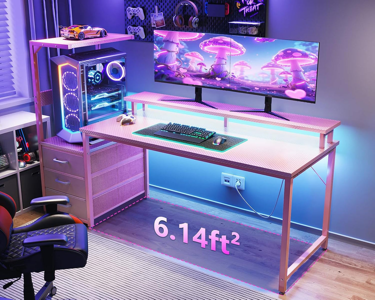 AODK Gaming Desk w/PC Showcase Stand, 59" Reversible, RGB LED - Image 2