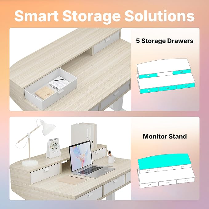 HUANUO 40 x 24 Inch Electric Standing Desk with 4 Drawers, Natural | 4 Drawers For Organized Storage, Raised Monitor Shelf, C-Clamp Mount Support, 4 Memory Presets, 28.3–46.5 Inch Height Range - Image 3