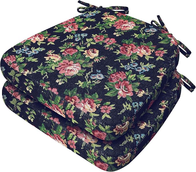 AAAAAcessories D-Shaped Chair Cushions, 2" Thick Dining Chair Pads with Ties and Removable, Machine-Washable Cover, 17" x 16", Set of 2, Night-Blooming Blossoms by AAAAAcessories