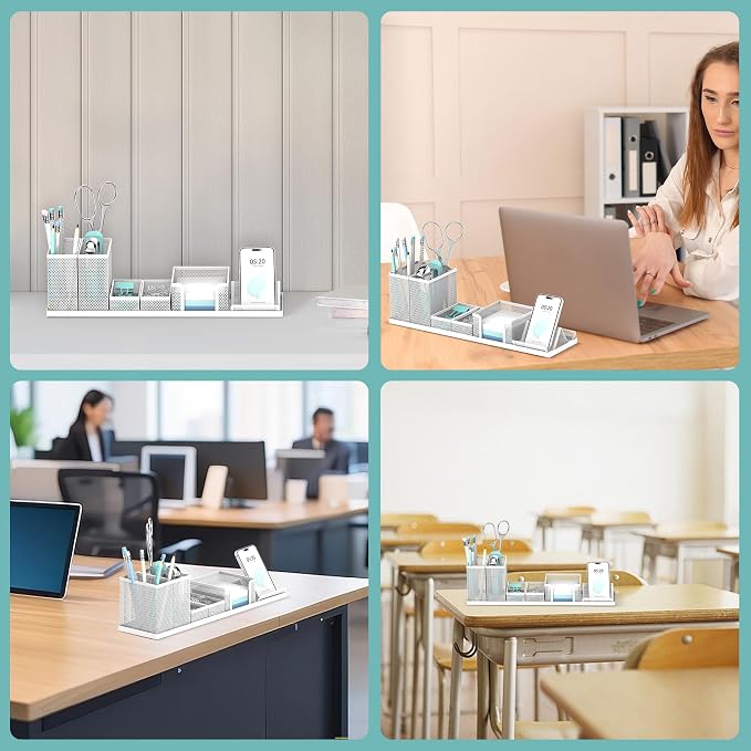 Pen Holder for Desk, 6-Piece Mesh Desk Organizer with Phone Holder, White | 6-Piece Black Mesh Desk Set Includes Pen Cups, a Sticky Note Caddy and Phone Holder for Office, School, Home - Image 7
