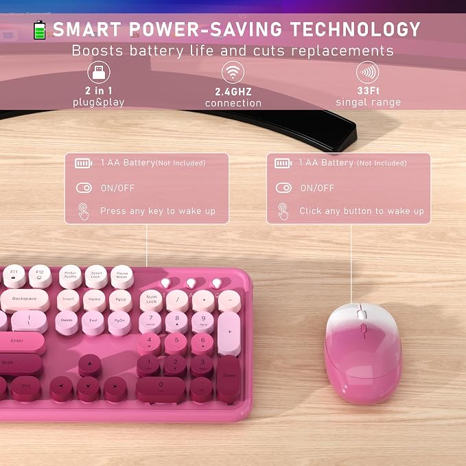 Links9+ Colorful Wireless Keyboard and Mouse Combo (Dark Pink Gradient) | Full-Size Retro Typewriter Style Keyboard with Vintage Round Keycaps, 2.4G Wireless Set for Windows, Mac, Laptop, PC, Desktop - Image 3