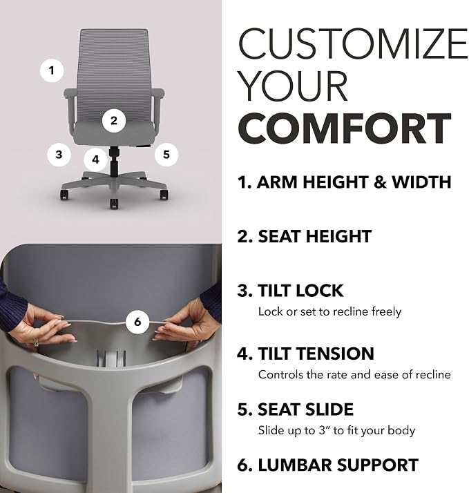 HON Ignition 2.0 Ergonomic Office Chair, Lumbar Support, Frost | Ergonomic office desk chair with lumbar support, adjustable arms, office decor, workstation comfort for focused productivity - Image 3