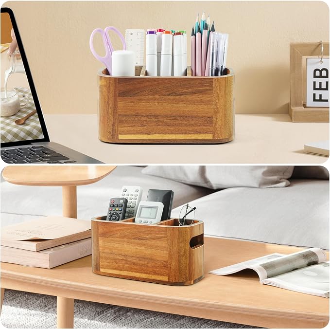 Acacia Pencil Pen Holder for Desk, Wooden Office Organizer with 3 Slots for Countertop, Makeup Brush Holder Remote Control Organizer for School Home Supplies - Image 6
