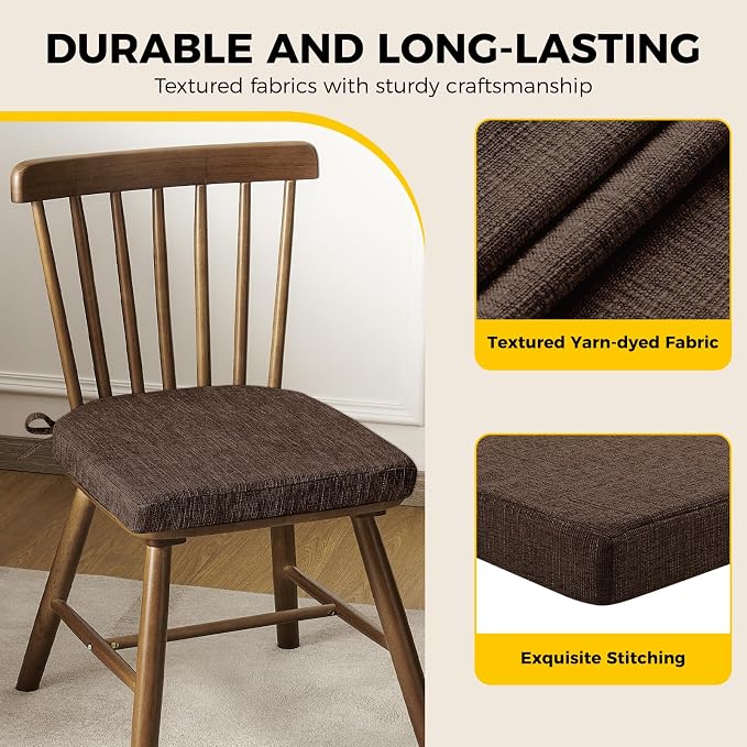 downluxe Indoor Chair Cushions for Dining Chairs, Soft and Comfortable Textured Foam Kitchen Chair Pads with Ties and Non-Slip Backing, 16" x 16" x 2", Brown, 4 Pack - Image 6