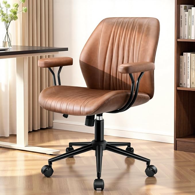HeroSet Leather Office Chair with Removable Armrests, Mid Back Ergonomic Desk Chair with Lumbar Support, Adjustable Height Rocking Swivel Executive Chair for Home Office, Brown by HeroSet