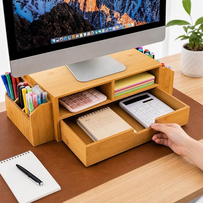 Hiceeden 2 Tier Bamboo Desktop Organizer, Desk Monitor Stand Riser with 1 Drawer and 2 Pen Holder, 2 Compartment Computer Desk Storage Organizer for Laptop, Printer - Image 6