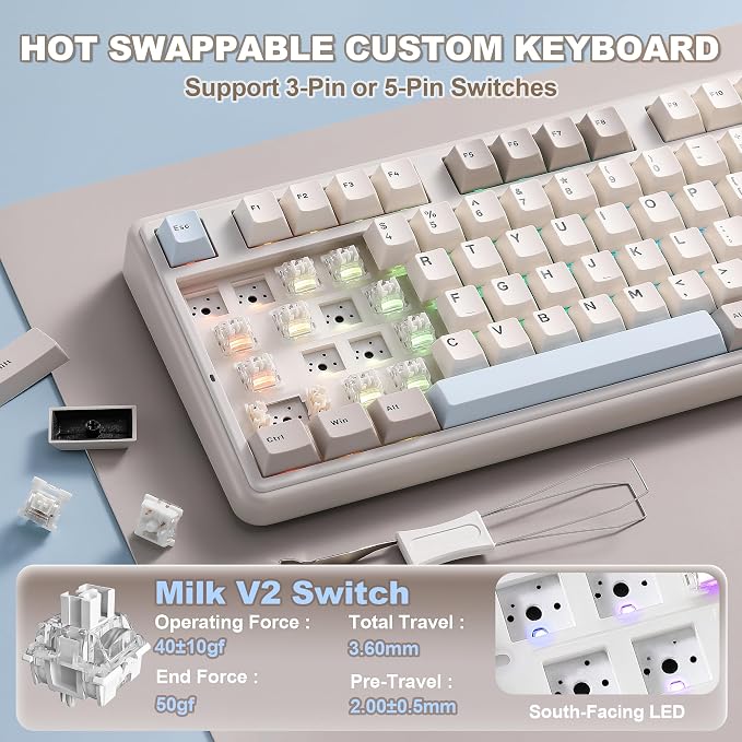 YUNZII B98 PRO 96% Wireless Mechanical Keyboard (Beige, Milk Switch) | QMK/VIA, with Numpad, Dual-Style Knob Design, Creamy Pre-Lubed Switches, Hot Swap, Gasket Mount, RGB for Gaming/Win/Mac - Image 6