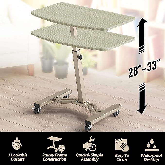 SHW Mobile Height Adjustable Laptop Rolling Cart w/Lockable Wheels, Maple | Height Adjustable from 28" to 33" - Image 4