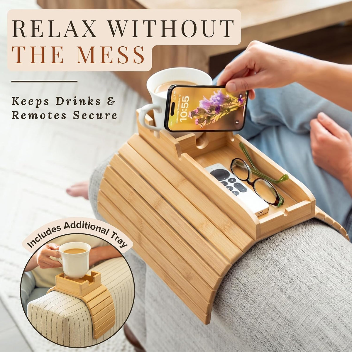 Bamboo Couch Armrest Table, Sofa Arm Tray, Cup Holder & Snack Tray - Image 2