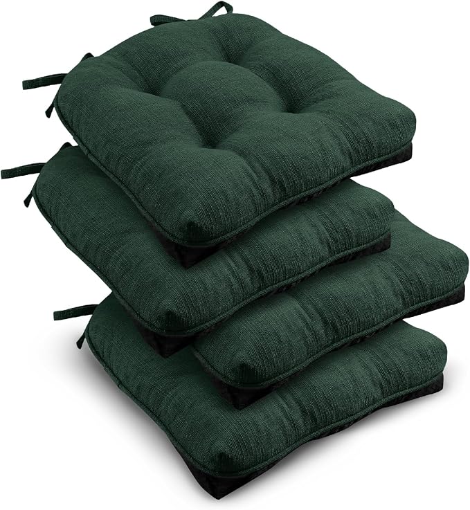 downluxe Indoor Chair Cushions for Dining Chairs, Tufted Overstuffed Textured Kitchen Chair Pads with Ties and Non-Slip Backing, 16.5" x 16.5" x 4", Dark Green, 4 Pack by Downluxe