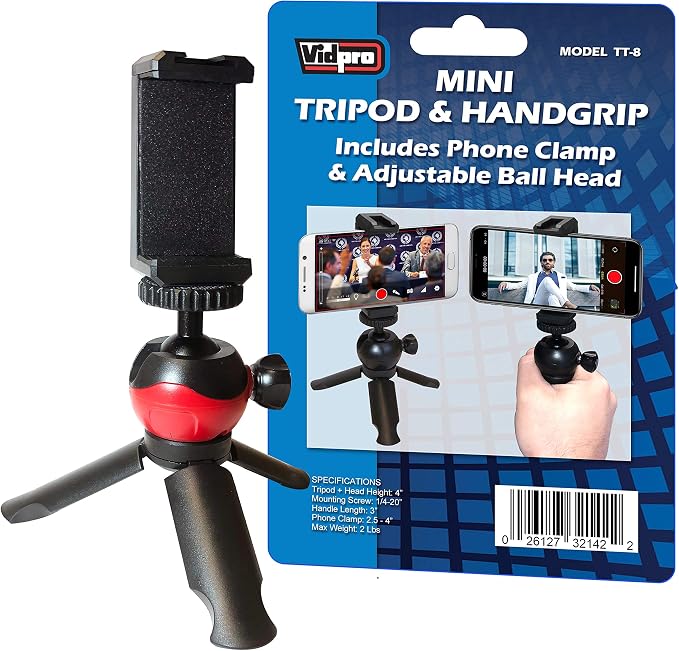 Vidpro TT-8 Mini Tripod and Handgrip with Ball Head for Smartphones and Cameras. for Camcorders, Small DSLRs, Mirrorless and Phones. Shoe Mount for attaching Lights and Mics. Zoom Video Conferencing by Vidpro