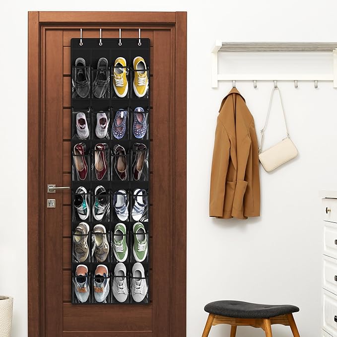 Simple Houseware 24 Pockets Clear Over the Door Shoe Organizer, Black | 64" x 19", 4 Durable Metal Hooks, 4.3" x 9.5" Pocket Size, Multipurpose - Image 6