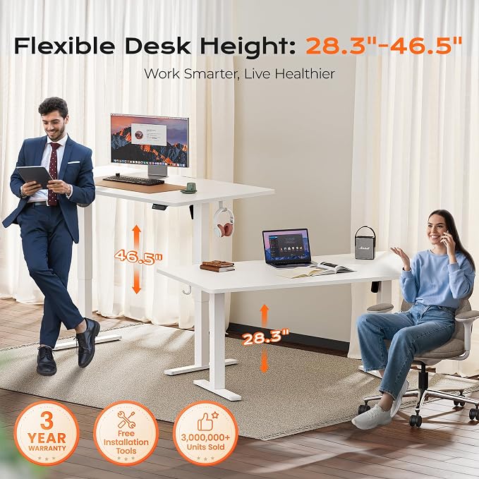 Huuger 63 x 28 Large Electric Standing Desk, Height Adjustable Computer Desk, 27.6" Deep Desktop, Stand up Gaming Office Table with 2 Hooks, 3 Preset Heights, for Home Office, White - Image 3
