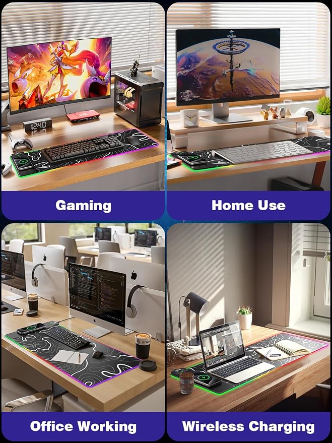 Wireless Charging RGB Gaming Mouse Pad, 31.5"x15.7" XXL Large Desk Mat | Desk Pad for Gamer, 9 Light Modes, Non-Slip Rubber Base, Waterproof Computer Keyboard Mat, Black and Topographic Line - Image 9