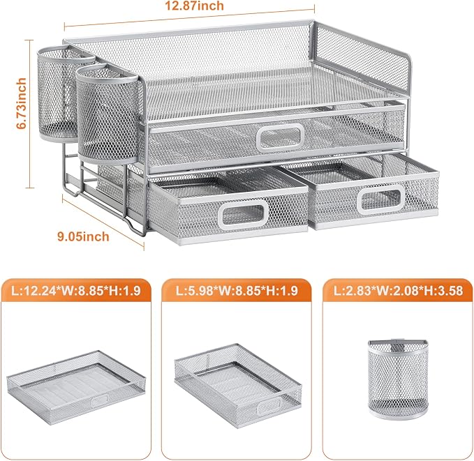 Marbrasse 3 Tier Mesh Desk Organizer with Drawer, Multi-Functional Desk Organizers and Accessories, Paper Letter Organizer with 2 Pen Holder for Home Office Supplies (Silver) - Image 5