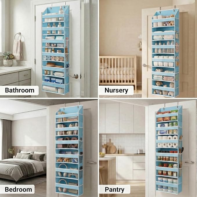 HOMELUX THEORY Over the Door Organizer, 6-Tier, 100D Fabric, Baby Blue 1pc | Over the door shoe organizer, 50 lbs capacity, 12 side mesh pockets, 100D extra thick fabric, Closet & entryway storage - Image 7