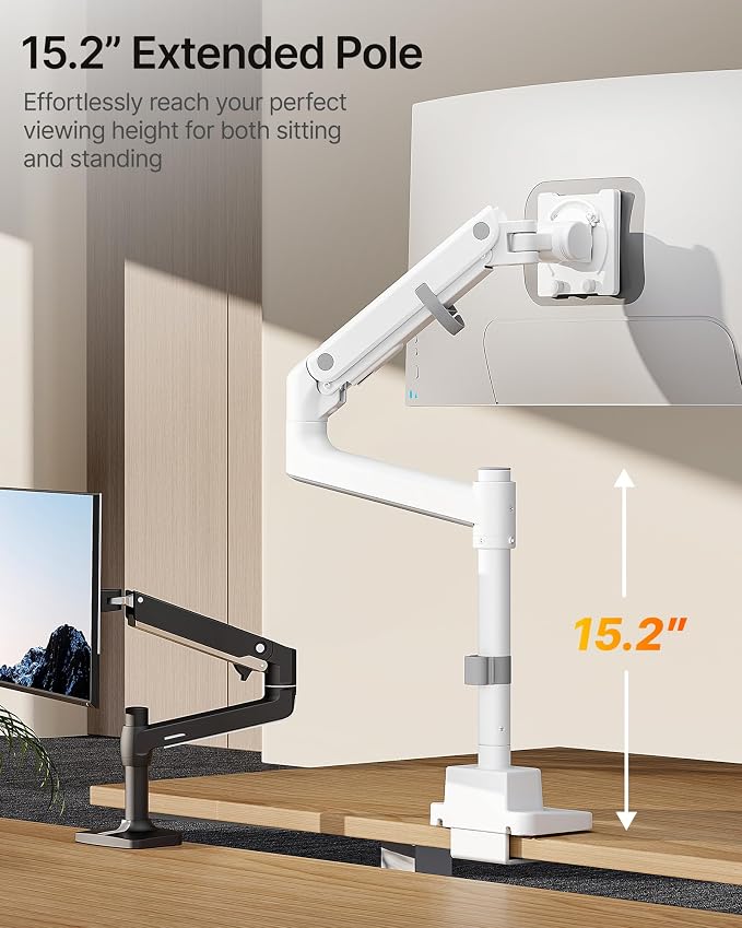 monTEK Ultrawide Monitor Arm Max 57",Height Adjustable 8.1"-25.5",White | Fits 17–57" Curved Monitors, Up to 59.4 lbs,Heavy Duty 75/100 VESA Monitor Stand,No Sag,Gaming & Office Workstation - Image 4