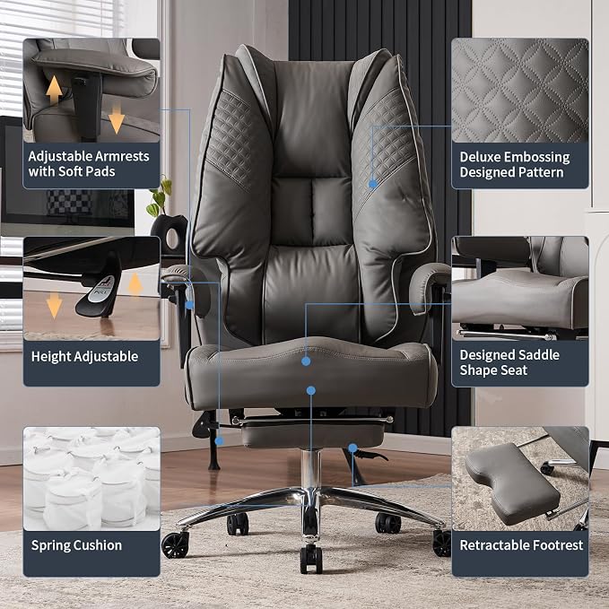 EXCEBET Big and Tall Office Chair 400lbs Wide Seat, Leather High Back Executive Office Chair with Foot Rest, Ergonomic Chairs Lumbar Support for Lower Back Pain Relief (Grey) - Image 3